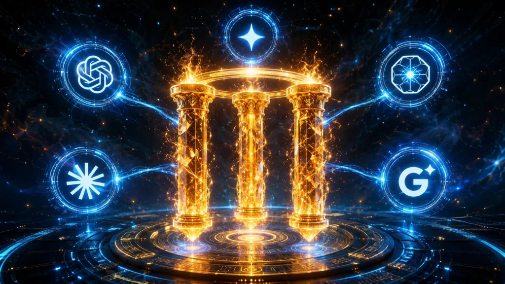 Ilustração épica representando os 3 pilares do Método Dominus, com três colunas douradas em chamas cercadas pelos logos do ChatGPT, Perplexity, Gemini e Google AI Mode em plataforma tecnológica