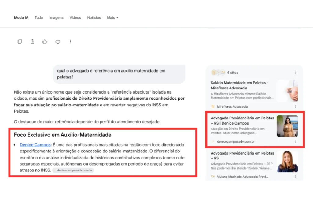 Pesquisa na IA sobre Advogada Previdenciarista em destaque na IA do Google