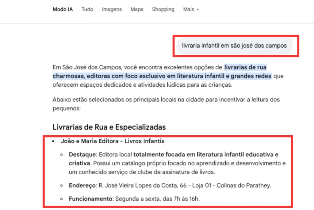 Livraria em São José dos Campos em destaque na IA do Google
