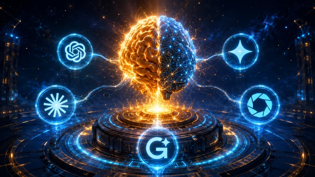 Ilustração épica representando SEO para IAs em 2026, com símbolo central dourado em chamas cercado pelos logos do ChatGPT, Perplexity, Gemini, Claude e Google AI Mode em plataforma tecnológica