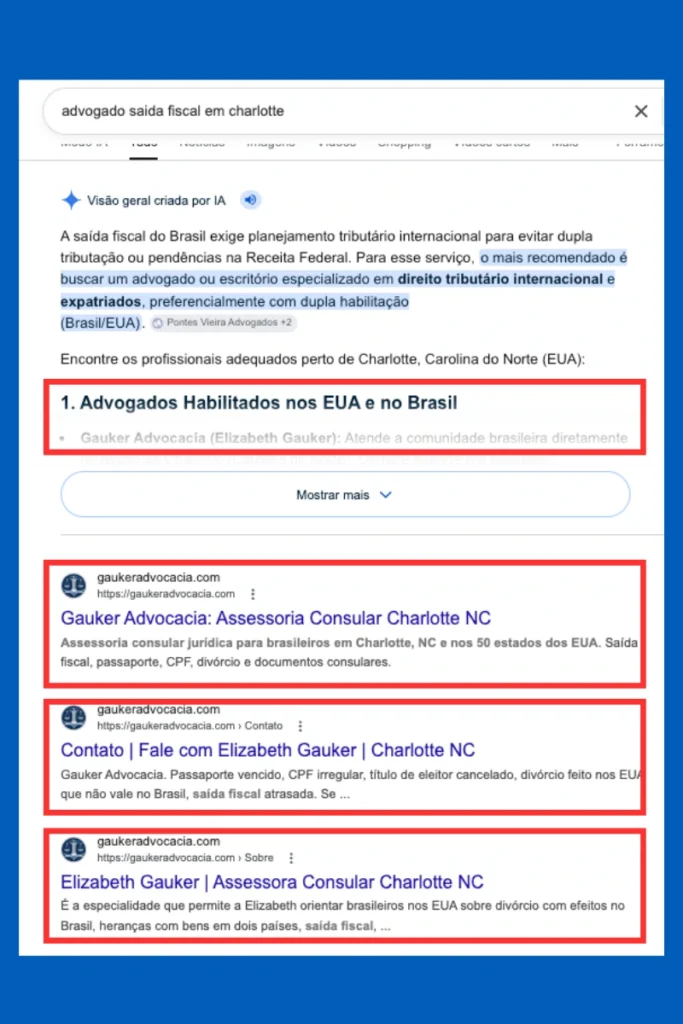 Print do Google mostrando Gauker Advocacia citada na Visão Geral da IA do Google e ocupando 1ª, 2ª e 3ª posições orgânicas para advogado saída fiscal em Charlotte