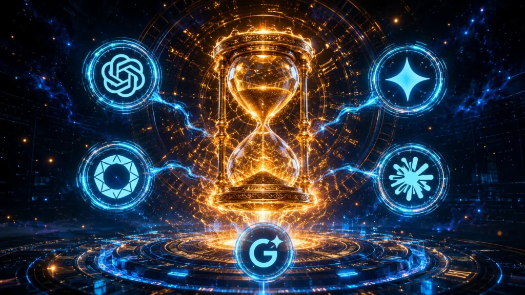 Ilustração épica representando o cronograma para aparecer nas IAs em 2026, com ampulheta dourada em chamas cercada pelos logos do ChatGPT, Perplexity, Gemini e Google AI Mode em plataforma tecnológica