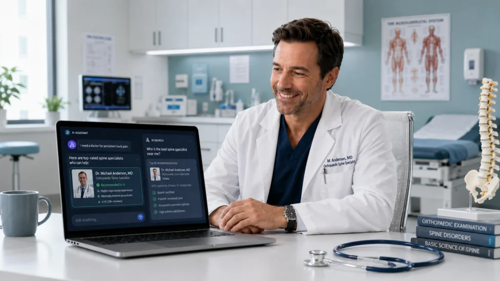 Ilustração representando SEO para médicos em 2026, com notebbok mostrando resultados das IAs
