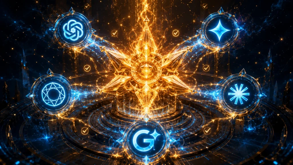 Ilustração épica representando como IAs decidem quem citar, com símbolo sagrado dourado de decisão em chamas cercado pelos logos do ChatGPT, Perplexity, Gemini e Google AI Mode em plataforma tecnológica