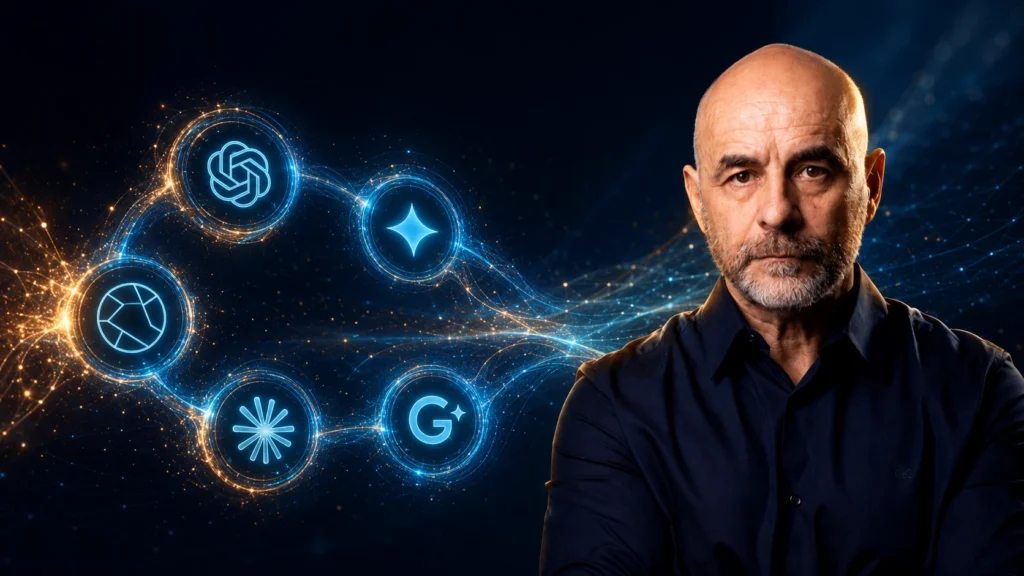 Fotografia editorial de Cléviston Pierobom, consultor de SEO para IAs e fundador da Pier Digital, com fundo composto pelos logos do ChatGPT, Perplexity, Gemini e Google AI Mode em estilo Pier Digital — visão autoral sobre SEO em 2026