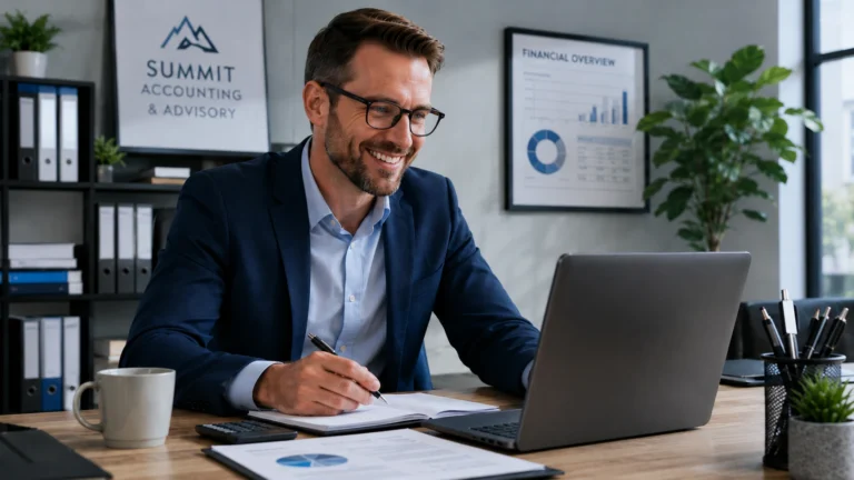 Foto representando SEO para contadores em 2026, com o profissional em seu escritório