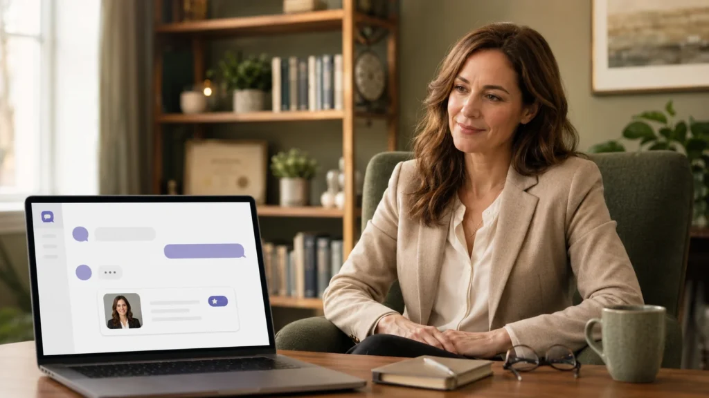 Ilustração representando SEO para psicólogos em 2026, com notebook mostrando resultados das IAs
