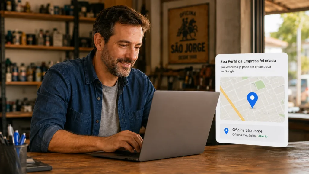 Como colocar minha empresa no Google: dono de oficina com o perfil recém-criado e o pino da empresa no mapa