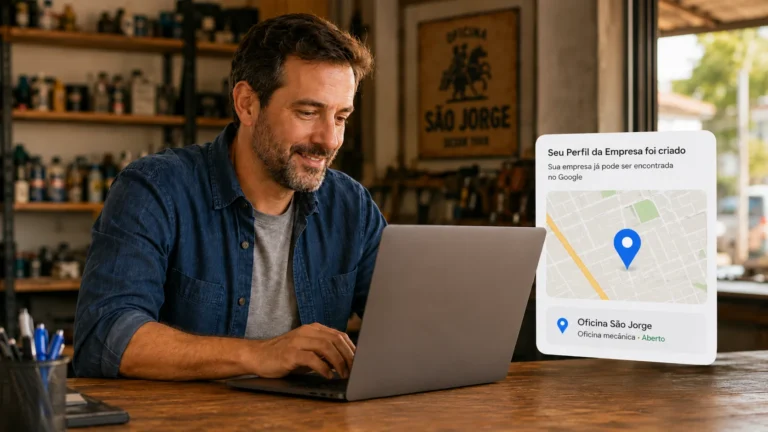 Como colocar minha empresa no Google: dono de oficina com o perfil recém-criado e o pino da empresa no mapa