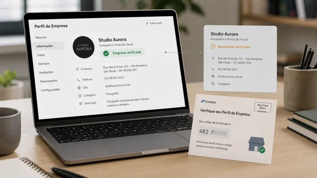 Como verificar minha empresa no Google: perfil com o selo Empresa verificada ao lado do cartão com o código de verificação