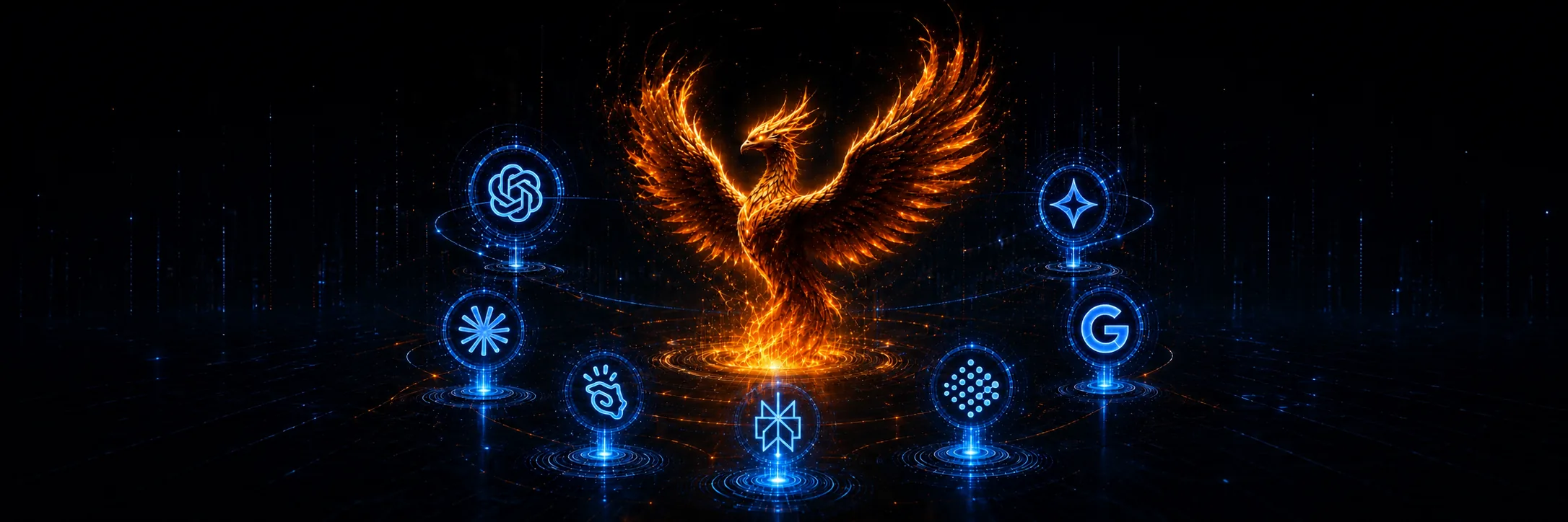Uma fênix de fogo erguendo as asas, cercada pelos símbolos das principais IAs — ChatGPT, Perplexity, Claude, Gemini e Google — sobre uma plataforma tecnológica azul