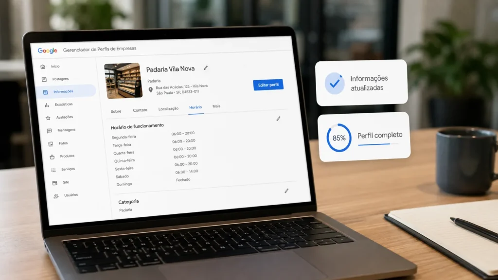Perfil da empresa no Google aberto no Gerenciador de Perfis de Empresas, com o horário de funcionamento em edição