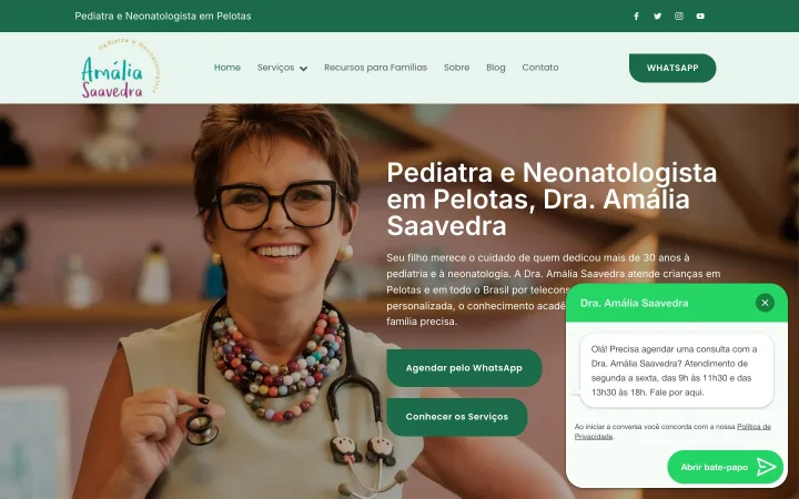 P&aacute;gina inicial do site de Dra. Am&aacute;lia Saavedra, constru&iacute;do pela Pier Digital
