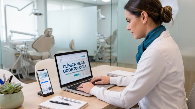 Publicidade em harmonização orofacial: dentista revisando no notebook o site da clínica com o título 'especialista em harmonização orofacial'