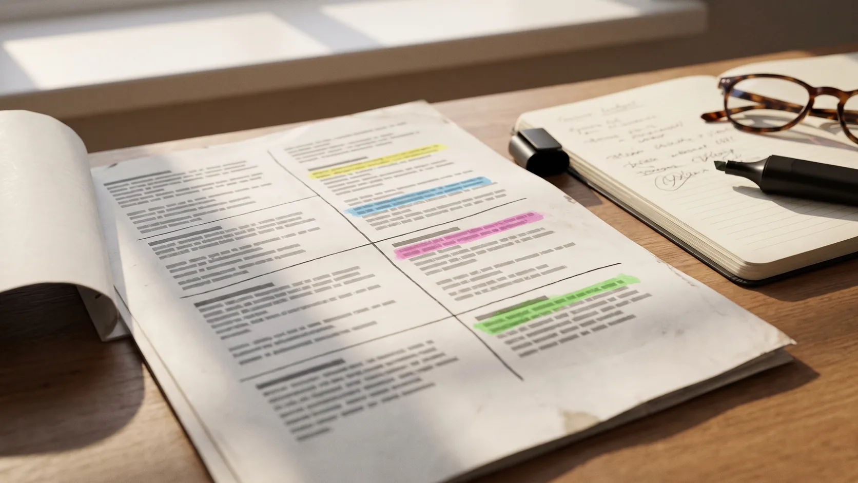Orçamento impresso aberto na mesa, com as frentes de trabalho destacadas a marca-texto e um caderno ao lado