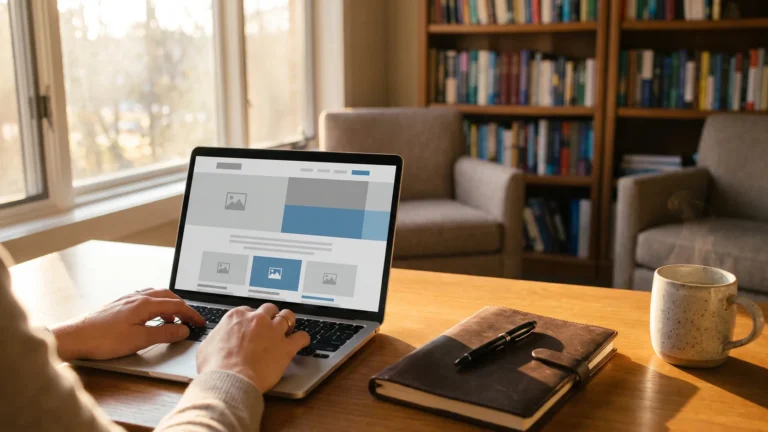 Marketing para psicanalistas: mãos digitando num laptop aberto no site de um consultório, com duas poltronas e uma estante de livros ao fundo