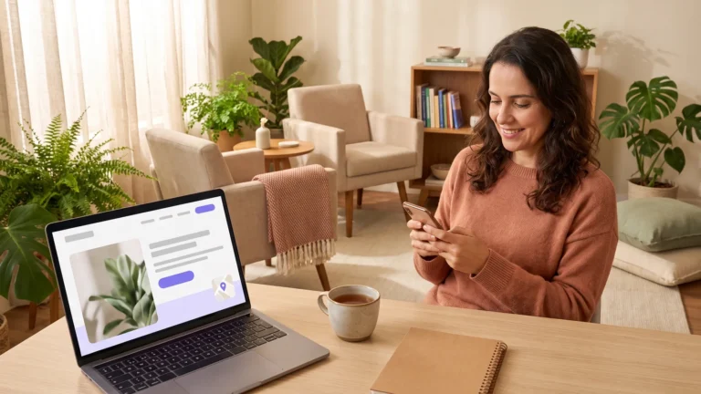 Marketing para terapeutas: terapeuta sorri ao olhar o celular numa sala de atendimento com duas poltronas e plantas, com um laptop aberto num site de consultório com ícone de mapa